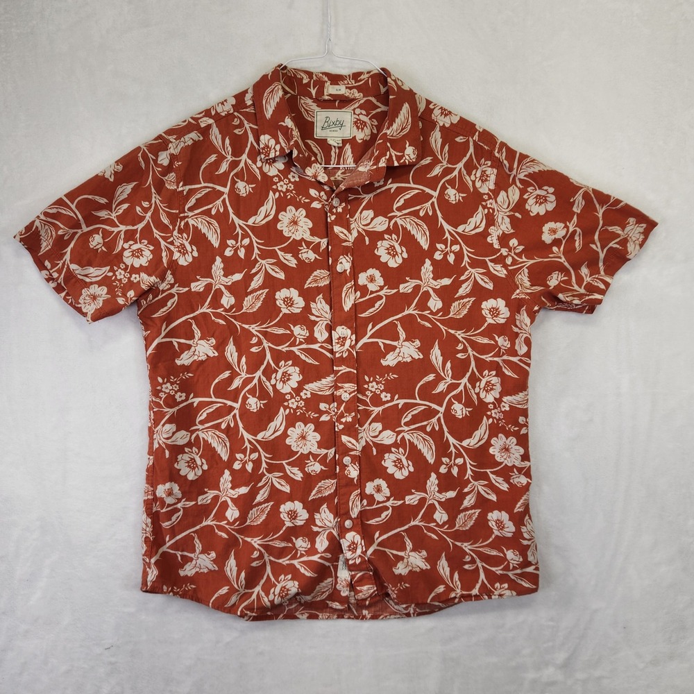 Bixby Nomad Mens Slim Fit Short Sleeve Button Up Shirt Floral Print Rust Orange